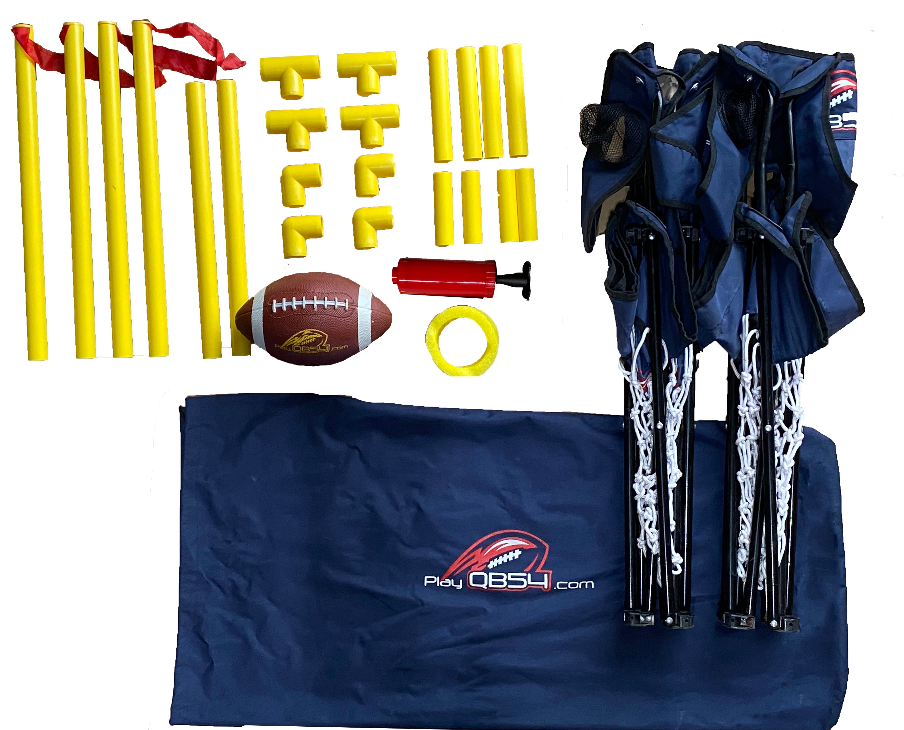 QB54 Navy Backyard Football Game Set with chairs, goalposts, football, and carry bag laid out